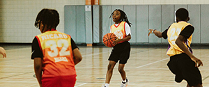 Basketball laying on a basketball court